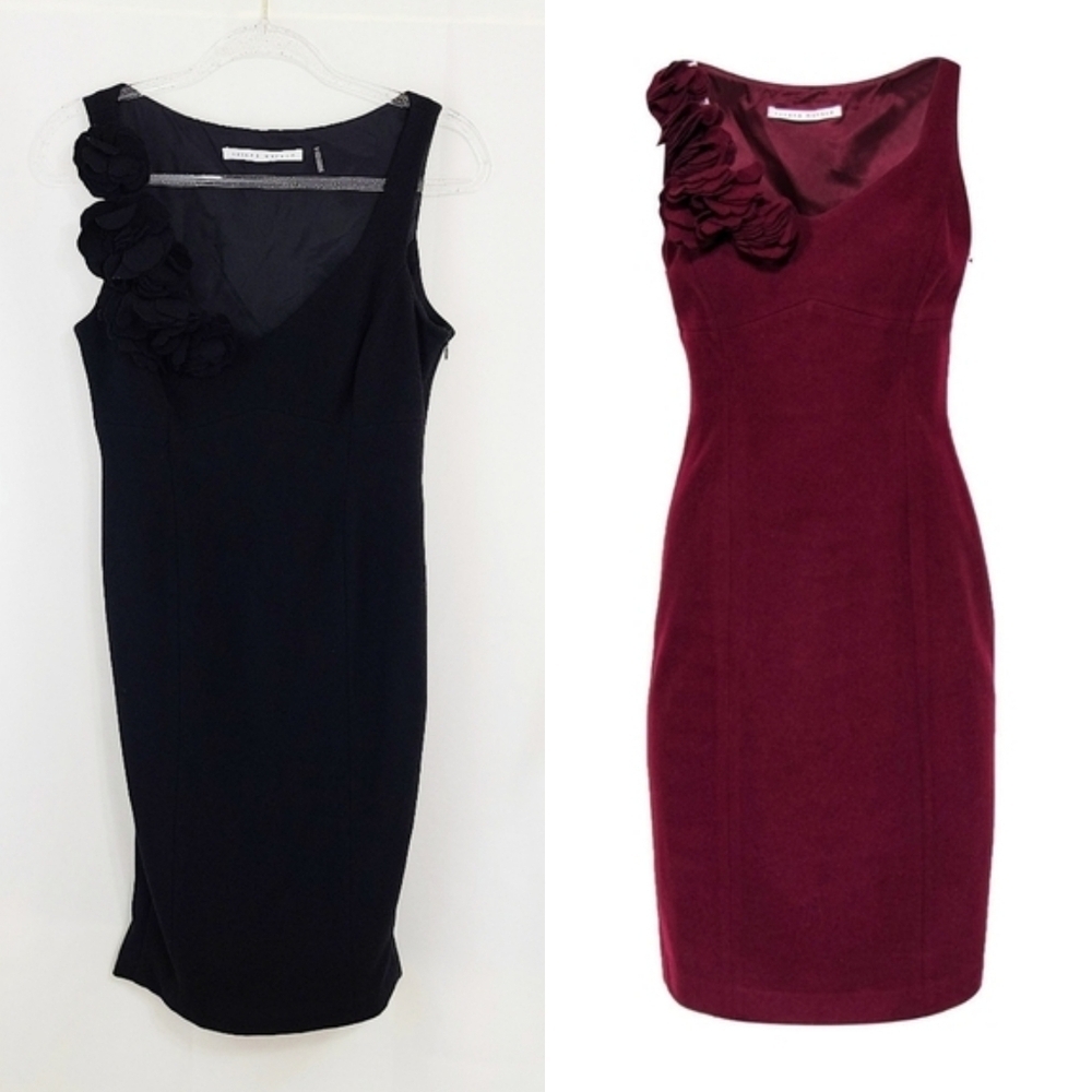 Susana Monaco black wool sheath dress floral applique shoulder size 6